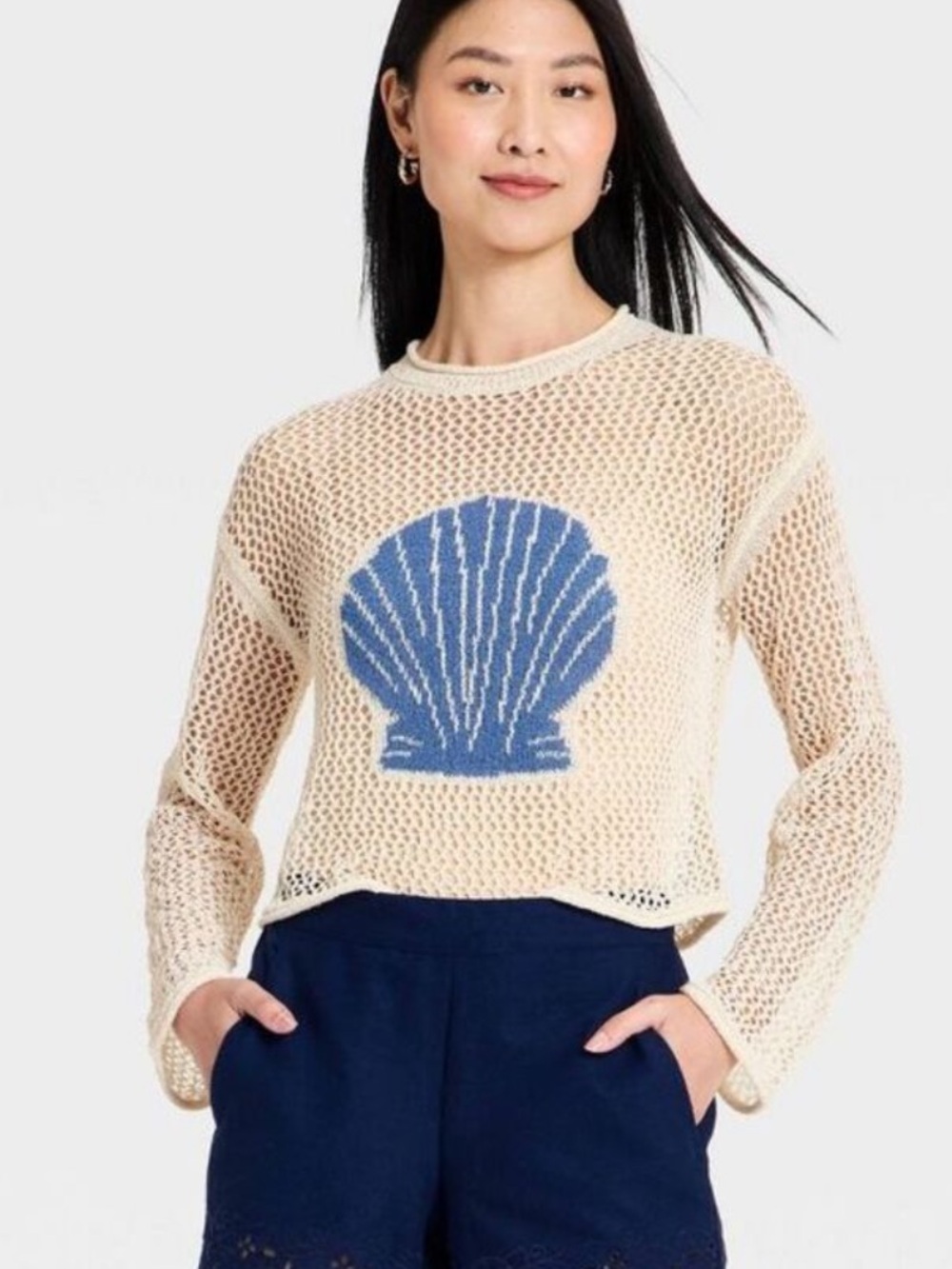 Women's Open Work Shell Pullover Sweater - A New Day Cream/Blue